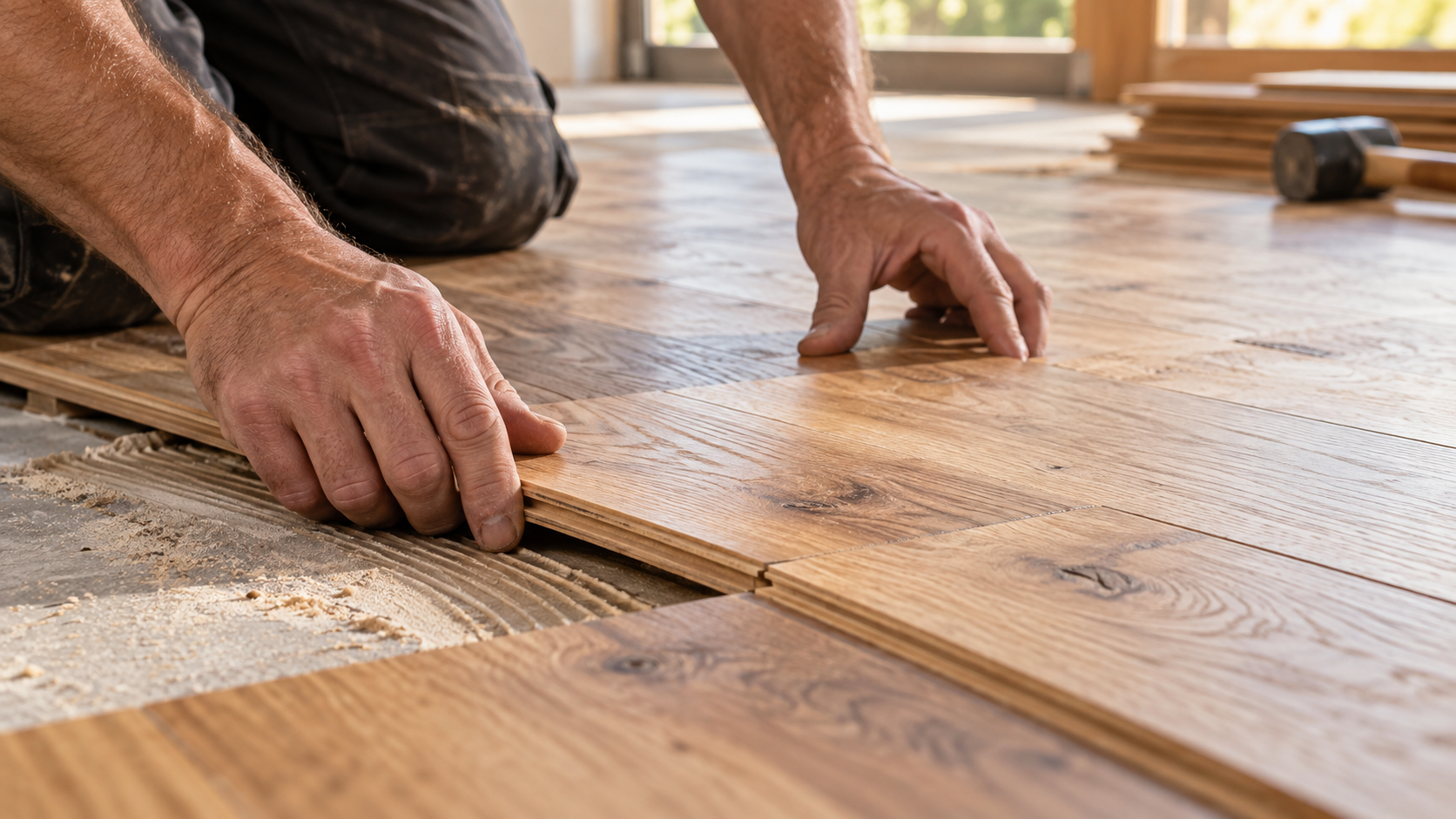 Hands carefully aligning natural wood floor planks