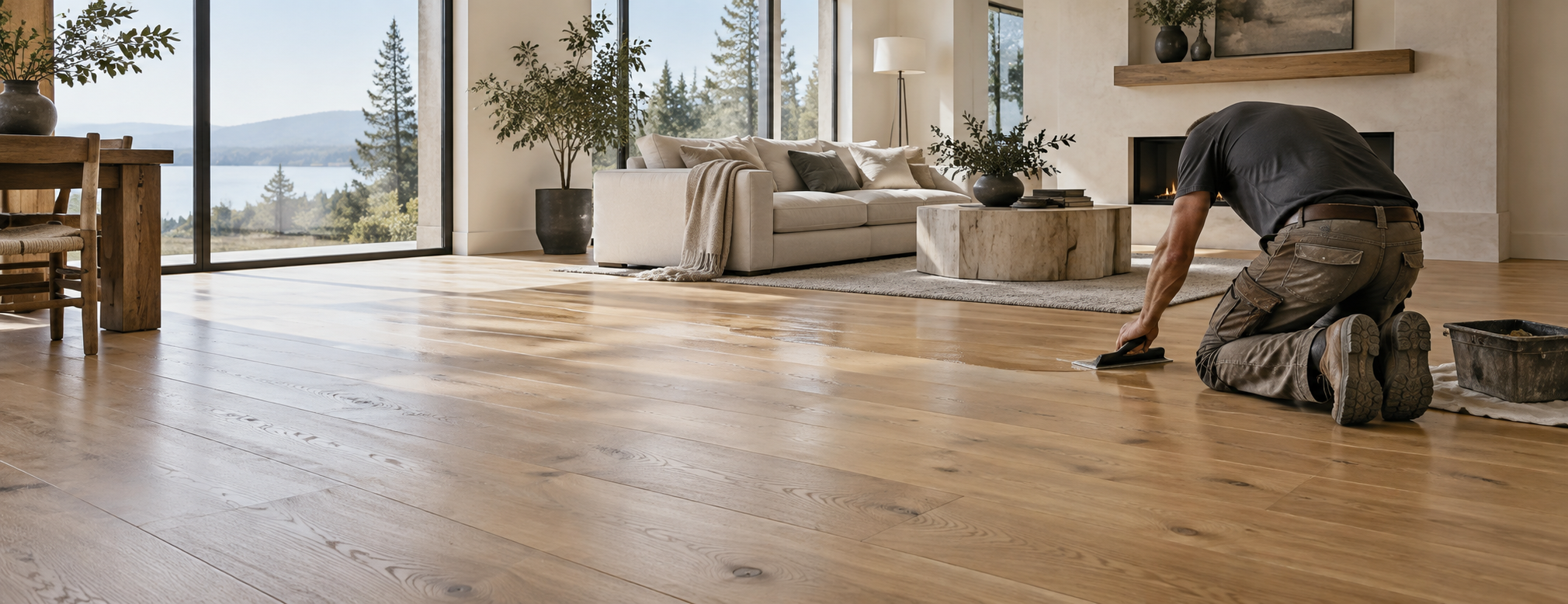 Craftsman finishing natural oak flooring in a bright modern living room